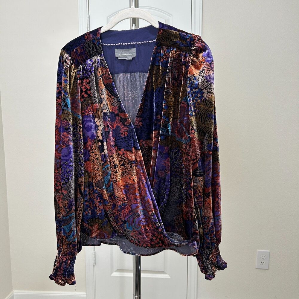Anthropologie Wrap Blouse Womens Small Multicolor Floral Velvet Boho Romantic
